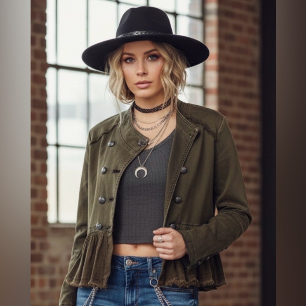 New Free People Flared Ruffle Hem Military Button Jacket Olive Army Green - Picture 12 of 13
